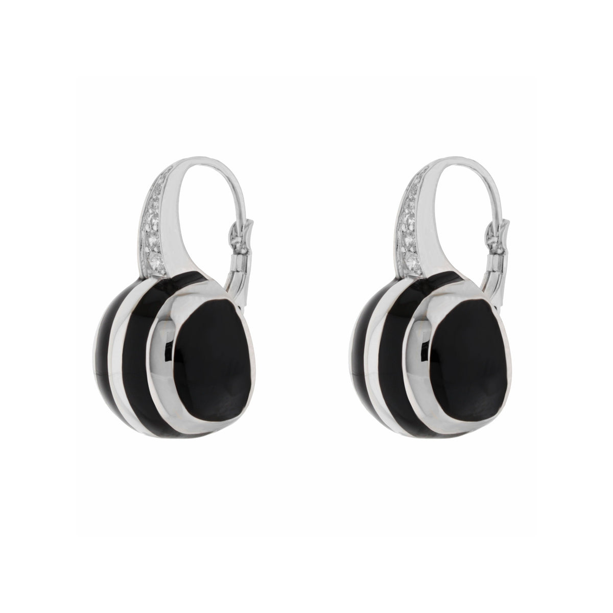 Bamboo Striped Earrings black and white circular pendants on crystal-accented silver hoops on Tampa Home & Garden Store