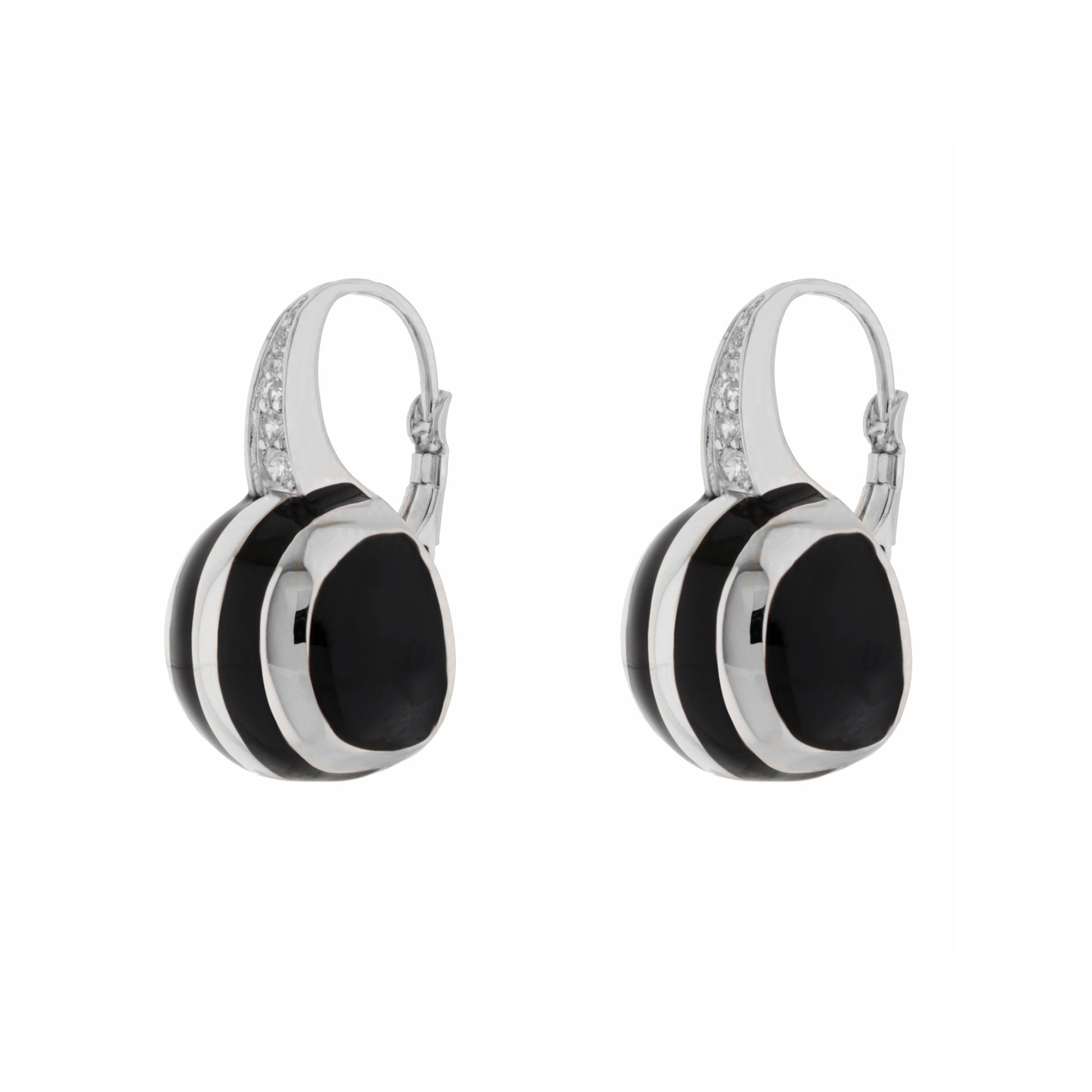 Bamboo Striped Earrings black and white circular pendants on crystal-accented silver hoops on Tampa Home & Garden Store