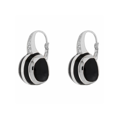 Bamboo Striped Earrings black and white circular pendants on crystal-accented silver hoops on Tampa Home & Garden Store