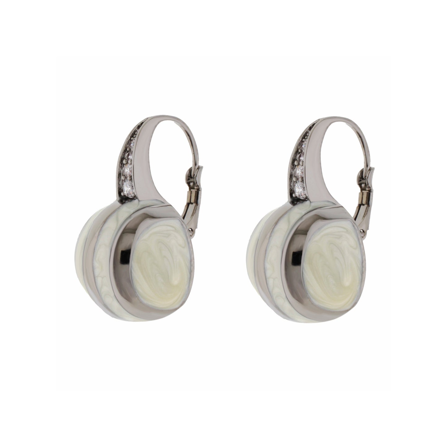 Bamboo Striped Earrings, silver-tone hoops with ivory marble discs and crystal accents, pair on Tampa Home & Garden Store