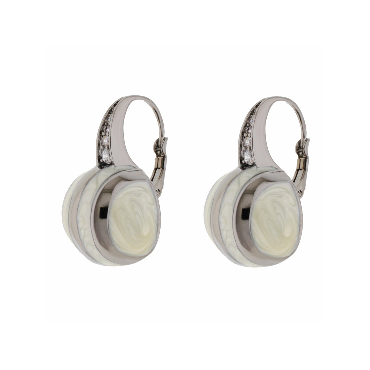 Bamboo Striped Earrings, silver-tone hoops with ivory marble discs and crystal accents, pair on Tampa Home & Garden Store