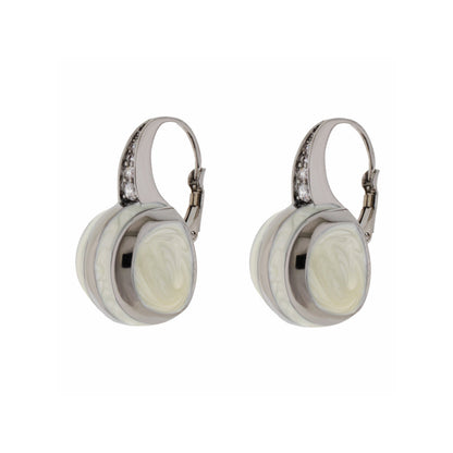 Bamboo Striped Earrings, silver-tone hoops with ivory marble discs and crystal accents, pair on Tampa Home & Garden Store