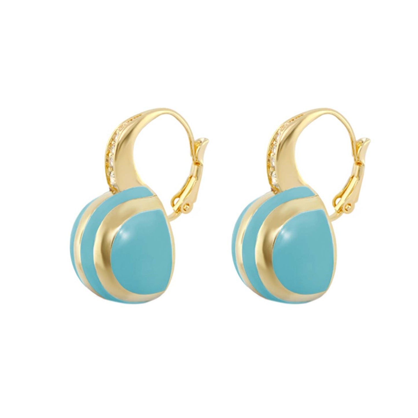 Bamboo Striped Earrings pair by Lauren G Adams, gold-tone hoops with turquoise enamel discs on Tampa Home & Garden Store