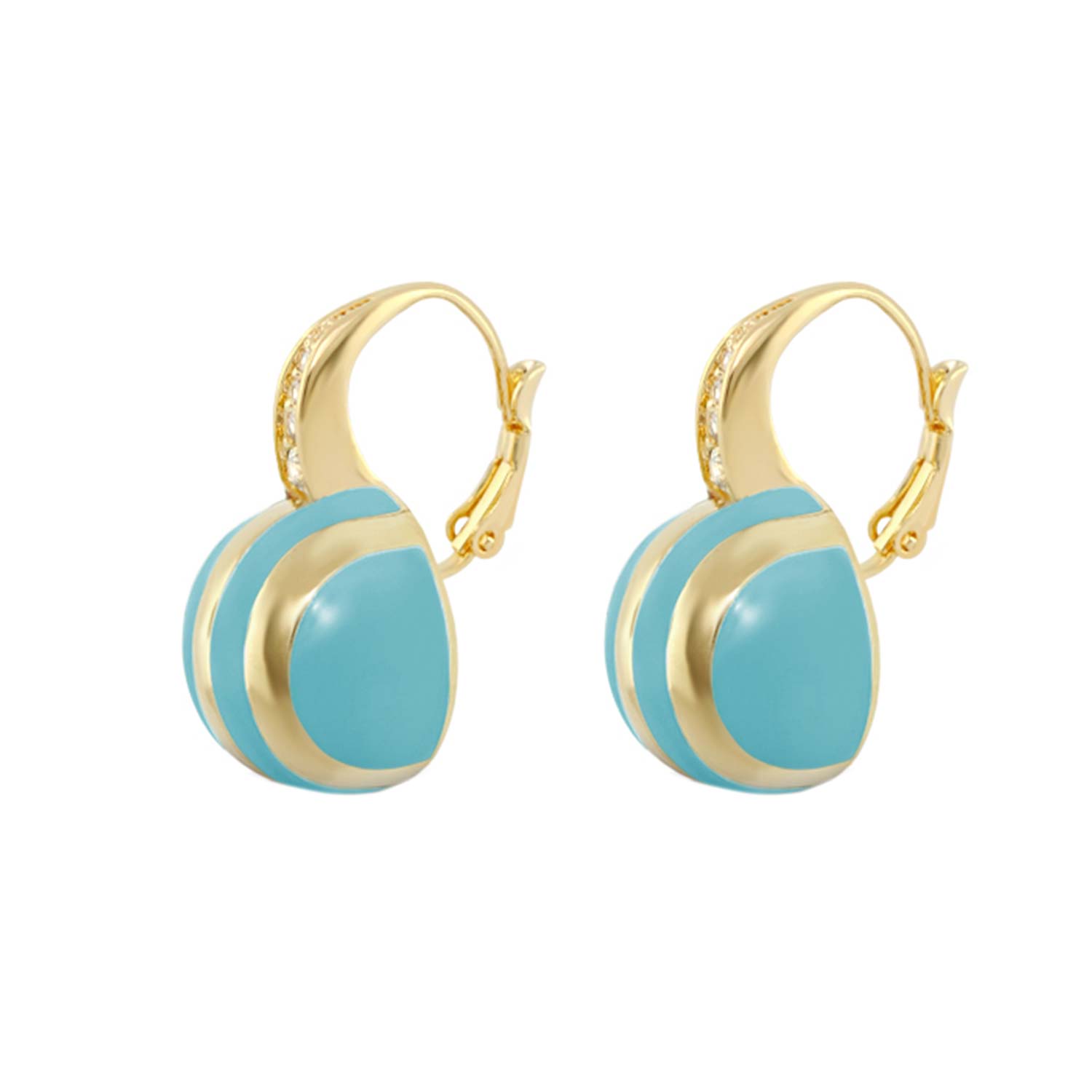 Bamboo Striped Earrings pair by Lauren G Adams, gold-tone hoops with turquoise enamel discs on Tampa Home & Garden Store