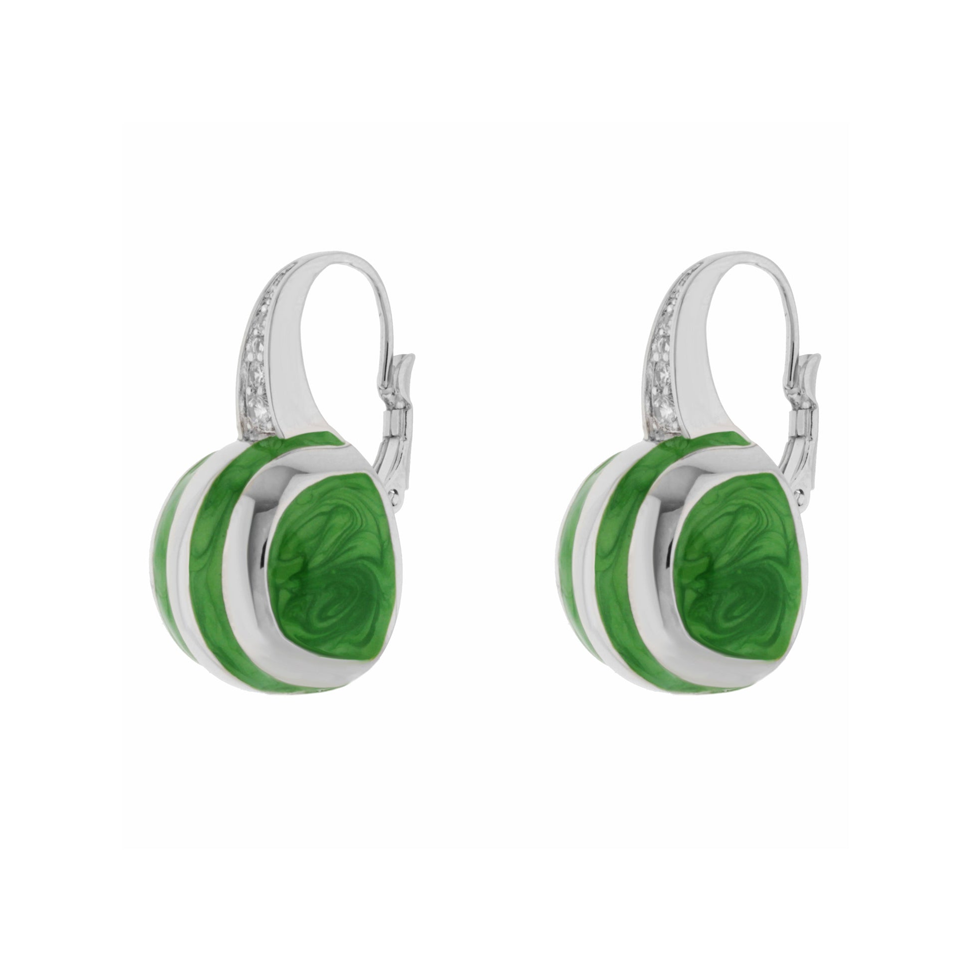 Bamboo Striped Earrings green marbled enamel hoops with silver-tone trim, pair on Tampa Home & Garden Store