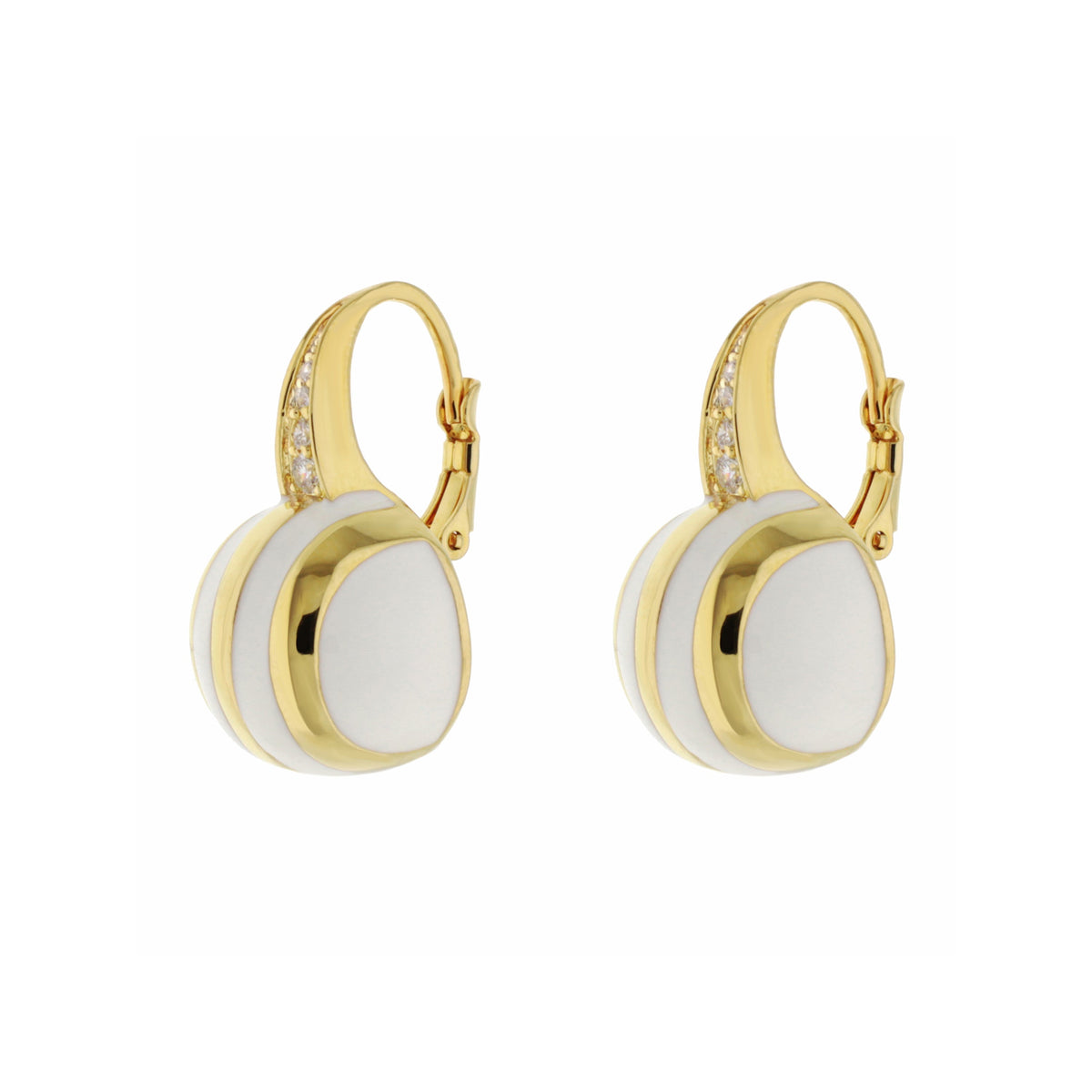 Bamboo Striped Earrings pair of gold-tone hoops with white oval enamel drops and crystal accents on Tampa Home & Garden Store