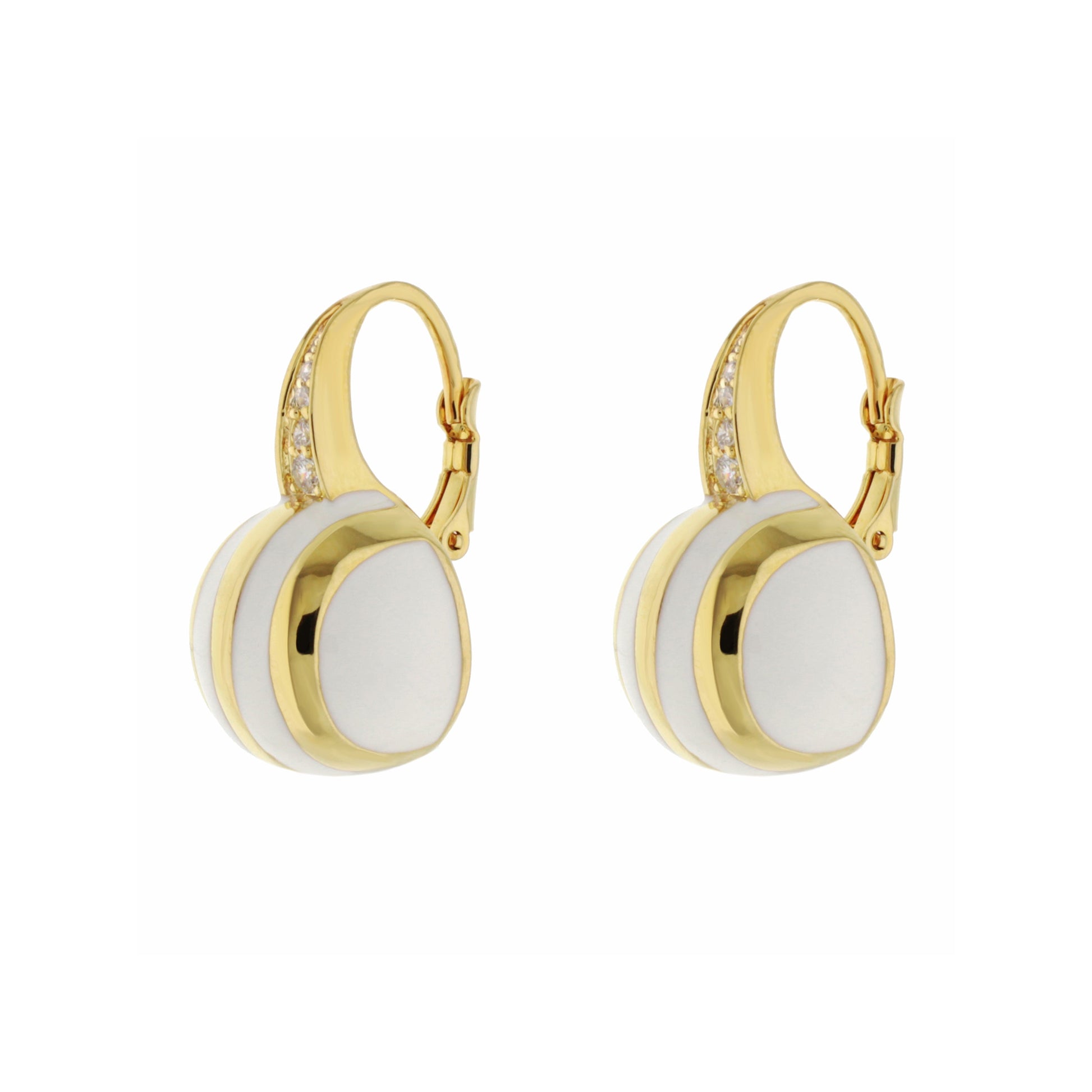 Bamboo Striped Earrings pair of gold-tone hoops with white oval enamel drops and crystal accents on Tampa Home & Garden Store