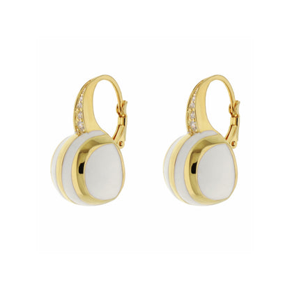 Bamboo Striped Earrings pair of gold-tone hoops with white oval enamel drops and crystal accents on Tampa Home & Garden Store