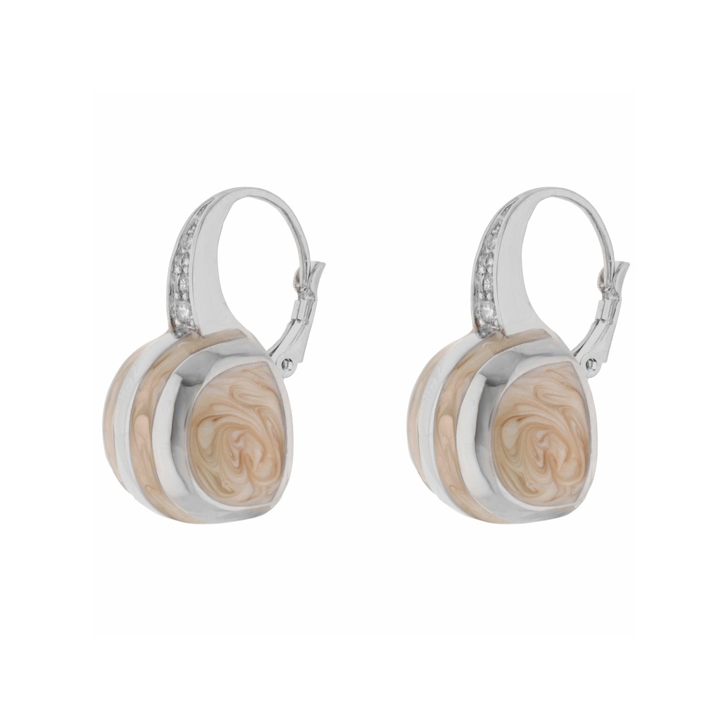 Bamboo Striped Earrings pair by Lauren G Adams, silver-tone hoops with beige marbled drops on Tampa Home & Garden Store