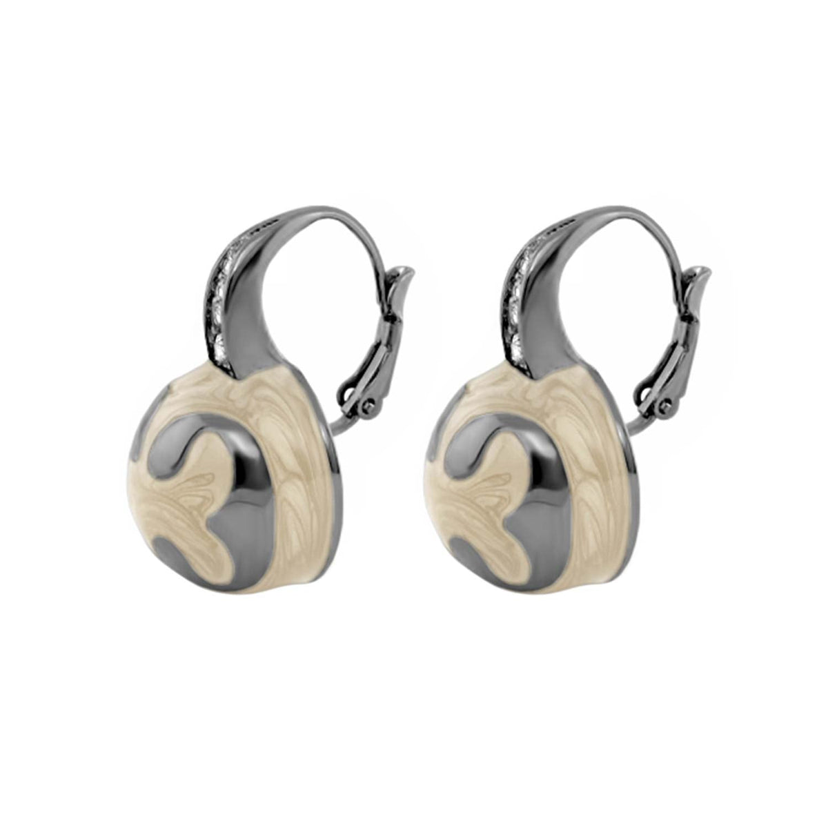 Bamboo Scroll Earrings by Lauren G Adams, beige gray pendant on hoops, pair on Tampa Home & Garden Store