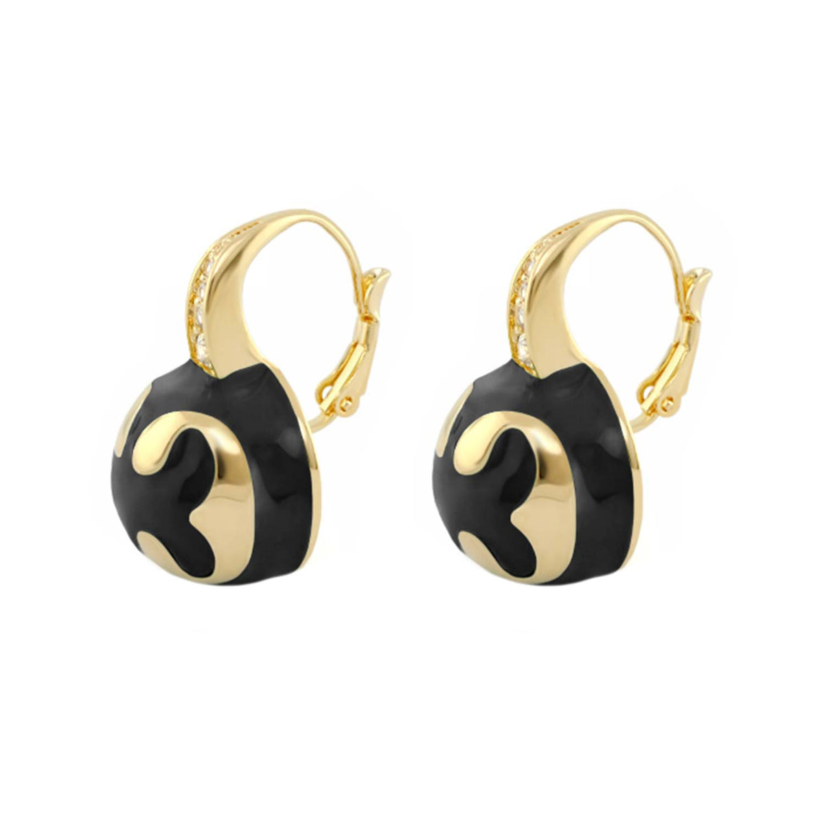 Bamboo Scroll Earrings Lauren G Adams, gold-tone drop hoops with black enamel round pendants on Tampa Home & Garden Store