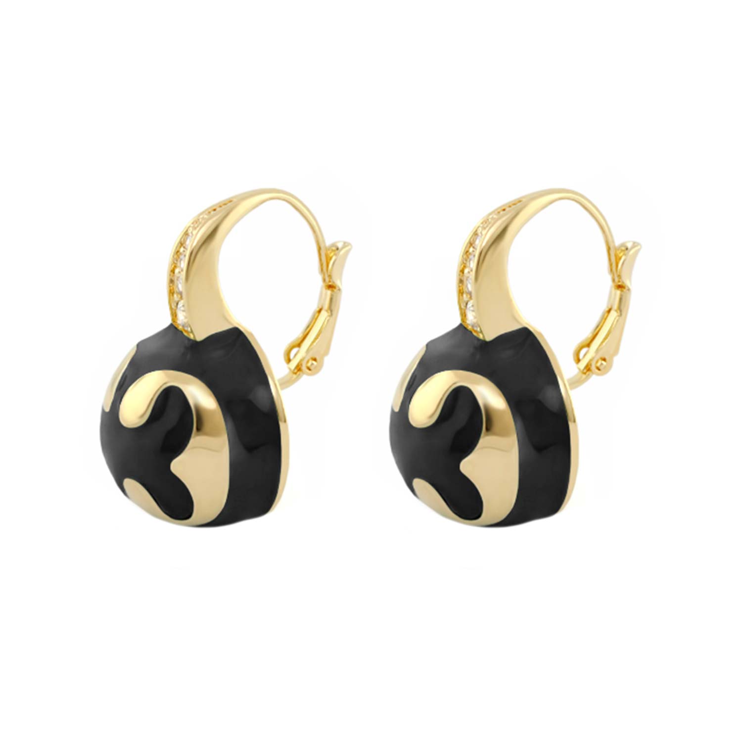 Bamboo Scroll Earrings Lauren G Adams, gold-tone drop hoops with black enamel round pendants on Tampa Home & Garden Store