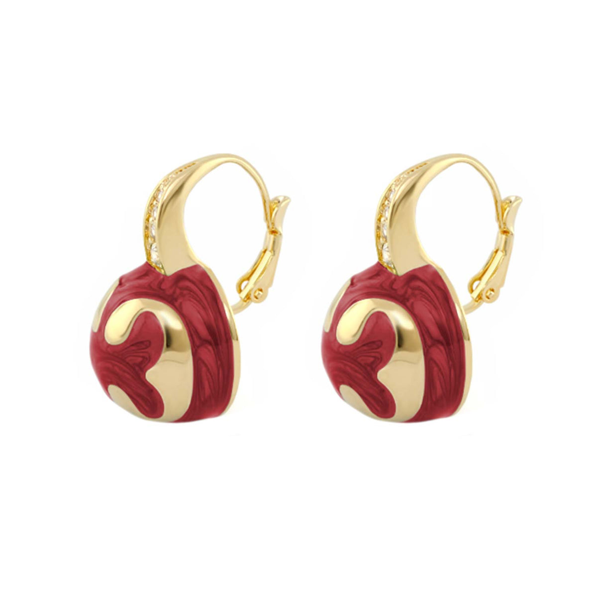 Bamboo Scroll Earrings pair: gold-tone drop hoops with red marbled pendants and crystal accents on Tampa Home & Garden Store