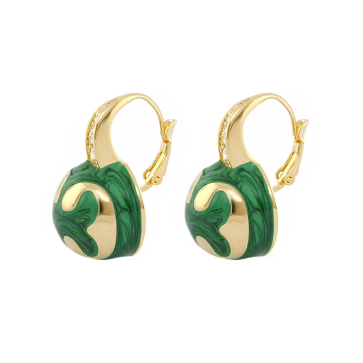 Bamboo Scroll Drop Earrings, gold-tone hoops with green enamel pendants, pair on Tampa Home & Garden Store