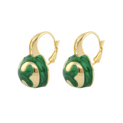 Bamboo Scroll Drop Earrings, gold-tone hoops with green enamel pendants, pair on Tampa Home & Garden Store