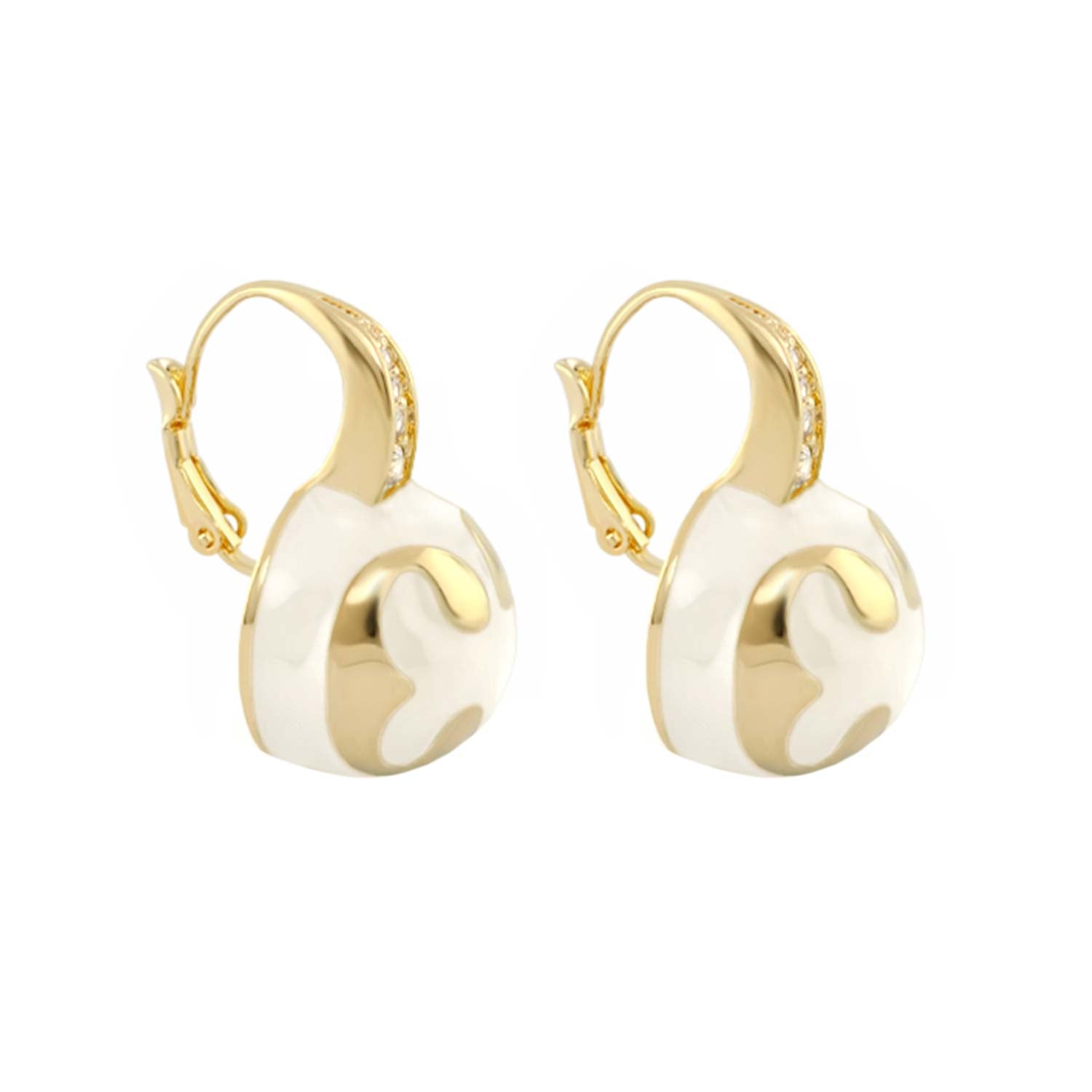 Bamboo Scroll Drop Earrings in gold-tone with white circular drops and crystal-studded hoops on Tampa Home & Garden Store