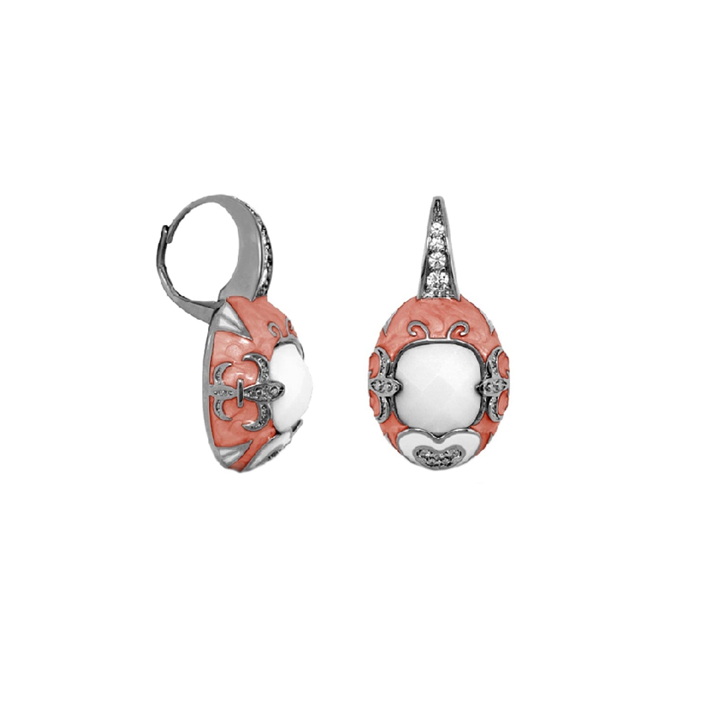 Pair of Knights of Love enamel earrings by Lauren G Adams, pink coral frame with white center on Tampa Home & Garden Store