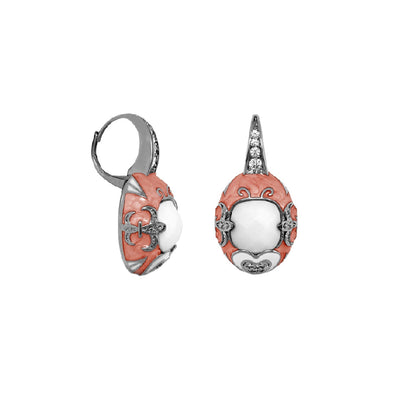 Pair of Knights of Love enamel earrings by Lauren G Adams, pink coral frame with white center on Tampa Home & Garden Store