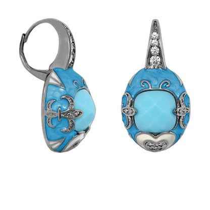 Knights of Love enamel earrings by Lauren G Adams, turquoise blue enamel with silver filigree and crystal accents on Tampa Home & Garden Store
