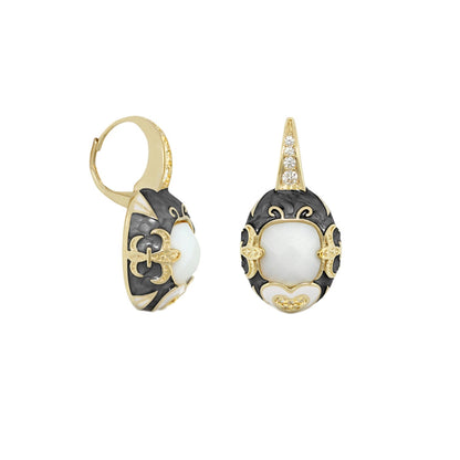 Knights of Love enamel earrings by Lauren G Adams, gold-tone with black enamel and white cabochon on Tampa Home & Garden Store