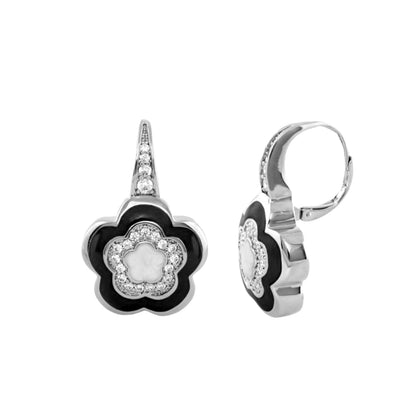 Bamboo Daisy Earrings by Lauren G Adams, black enamel petals and diamonds on hoops on Tampa Home & Garden Store