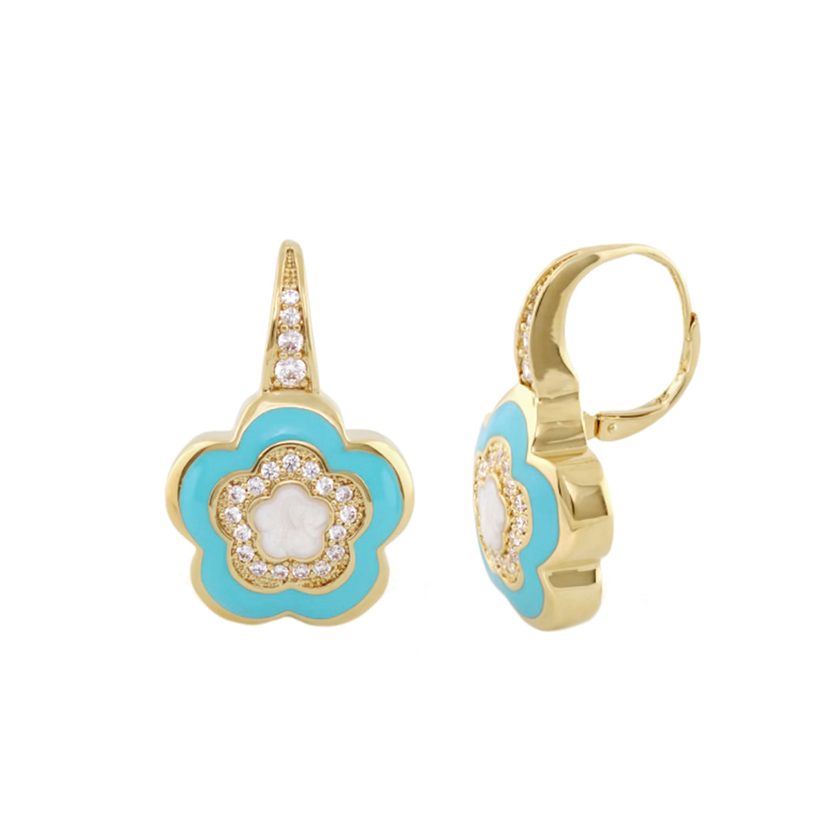 Bamboo Daisy Earrings turquoise enamel with gold-tone setting and crystal accents; drop and hoop pair on Tampa Home & Garden Store