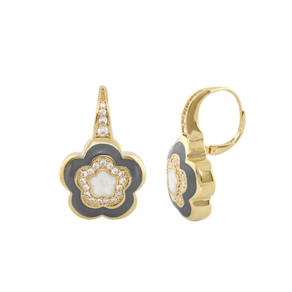 Bamboo Daisy Earrings by Lauren G Adams; gray enamel flower with crystal trim on gold hoops on Tampa Home & Garden Store