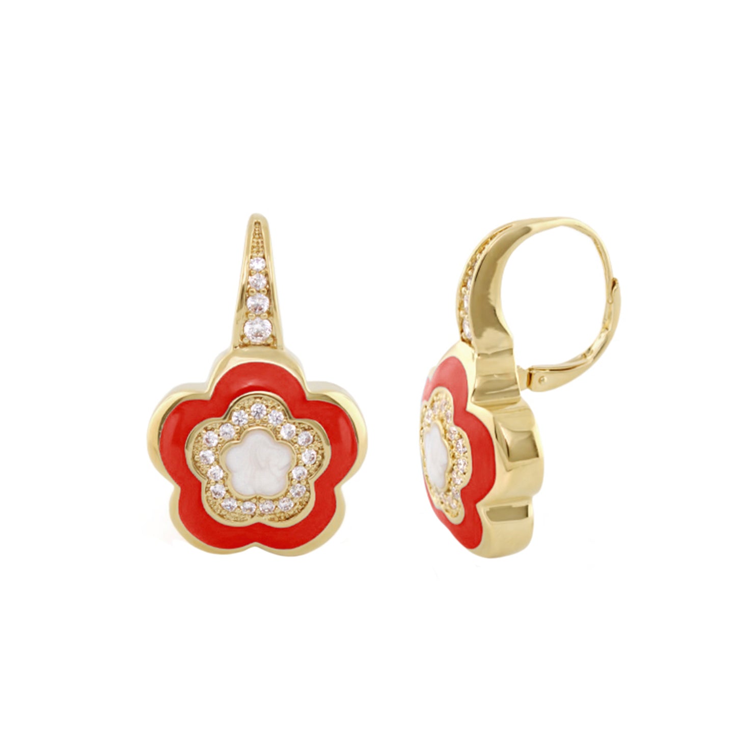 Bamboo Daisy Earrings by Lauren G Adams, red enamel flower with crystal accents on gold hoop on Tampa Home & Garden Store