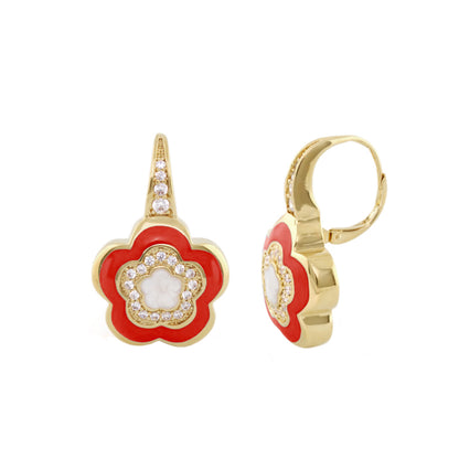 Bamboo Daisy Earrings by Lauren G Adams, red enamel flower with crystal accents on gold hoop on Tampa Home & Garden Store