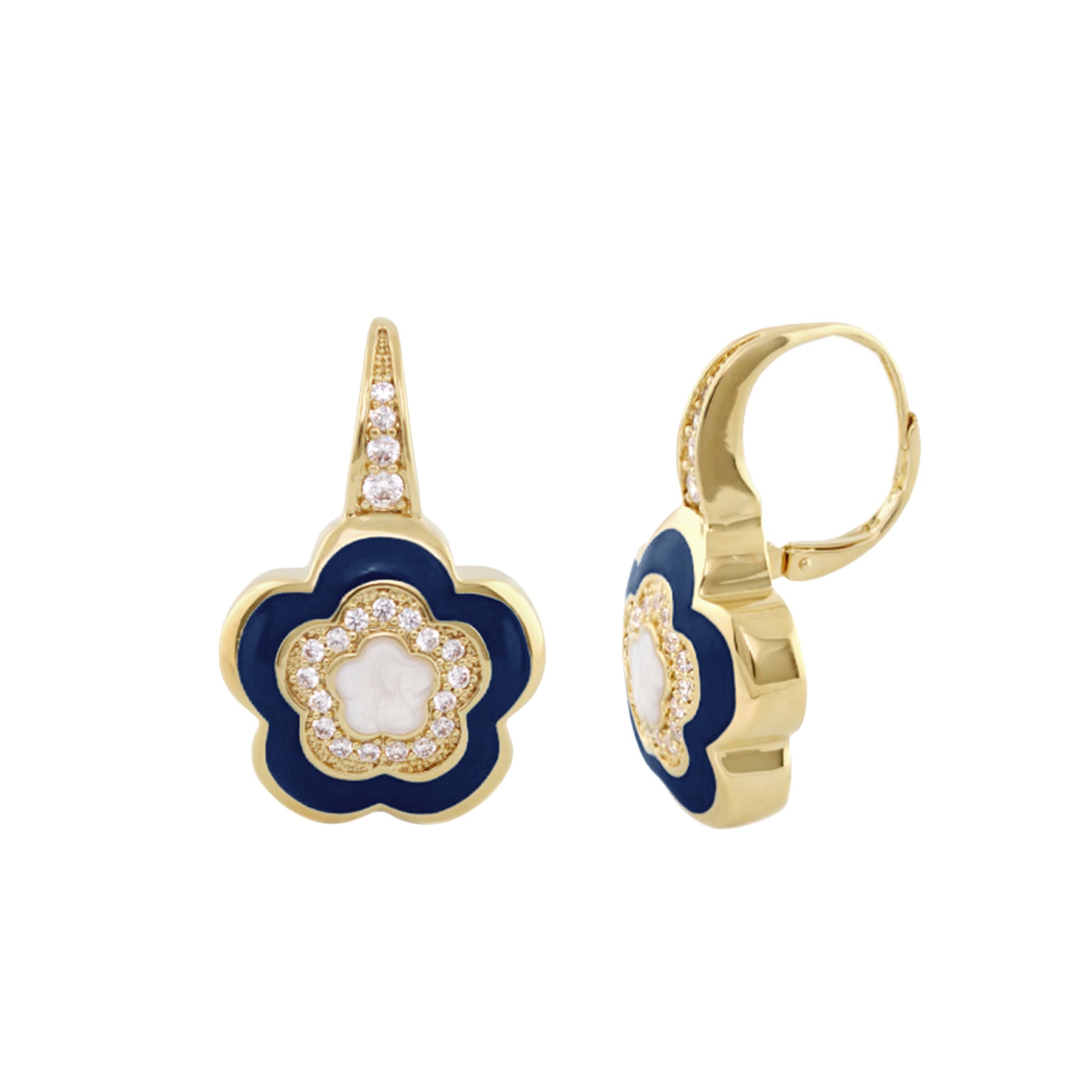Gold-tone Bamboo Daisy Earrings pair with blue enamel petals and crystal pavé by Lauren G Adams on Tampa Home & Garden Store