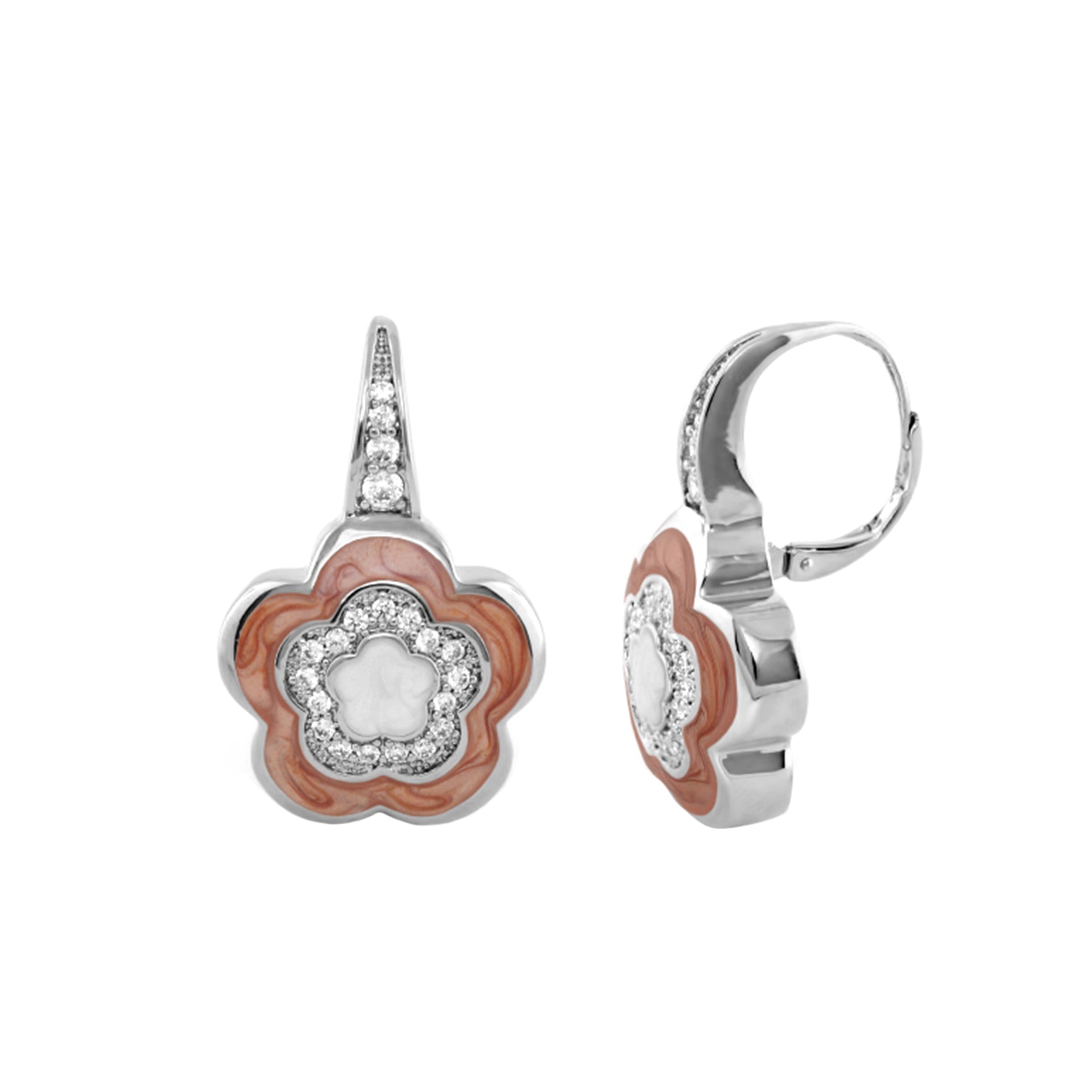 Bamboo Daisy Earrings: pink enamel flower pendant with diamond halo and pave-diamond hoop on Tampa Home & Garden Store
