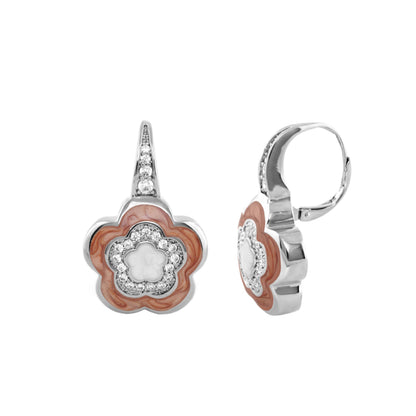 Bamboo Daisy Earrings: pink enamel flower pendant with diamond halo and pave-diamond hoop on Tampa Home & Garden Store