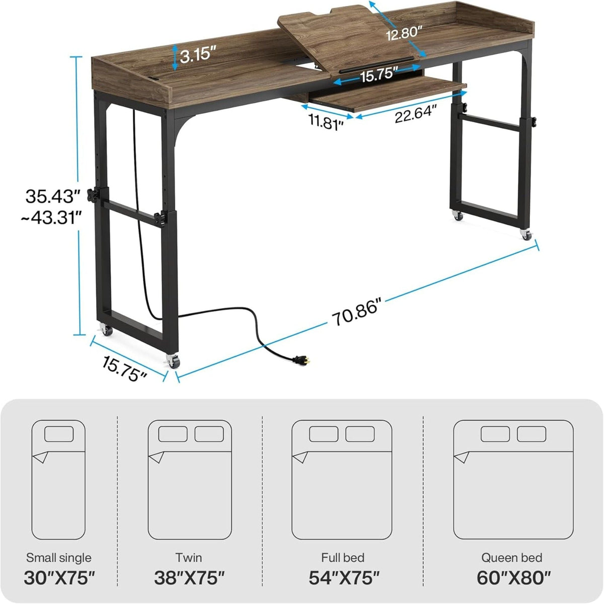 Adjustable overbed table on wheels with dark gray frame and top, tilting surface and lower shelf on Tampa Home & Garden Store