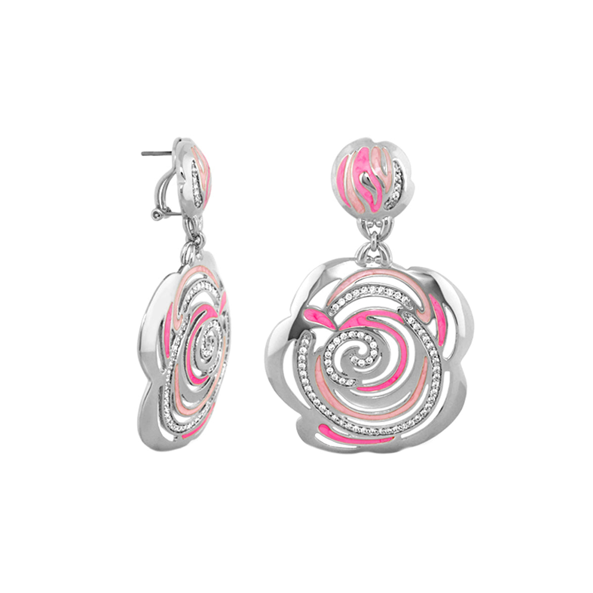 Rose Flower Earrings by Lauren G Adams, silver-tone rose with pink enamel and crystals on Tampa Home & Garden Store
