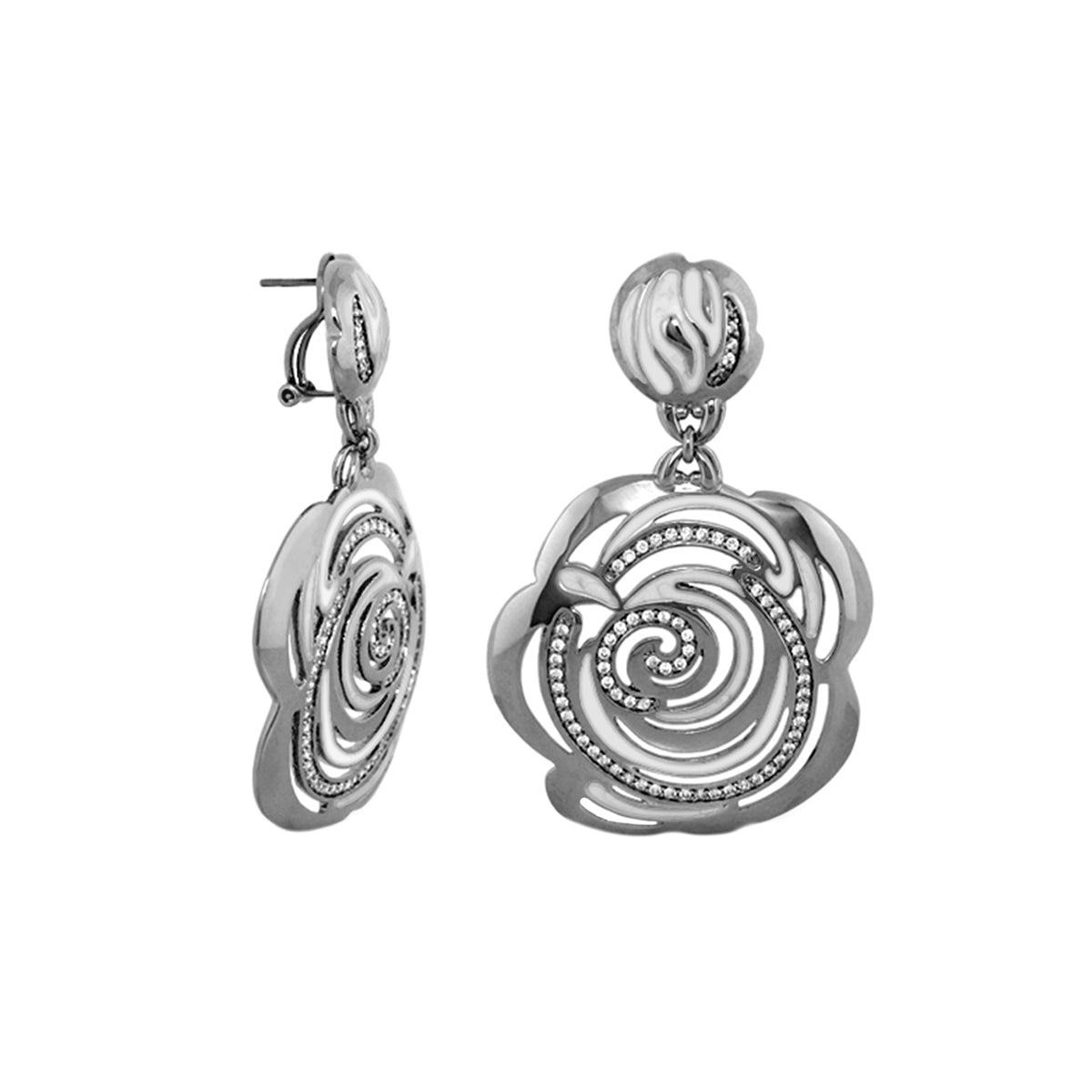 Rose Flower Earrings by Lauren G Adams, silver-tone drop earrings with crystal spiral petals on Tampa Home & Garden Store