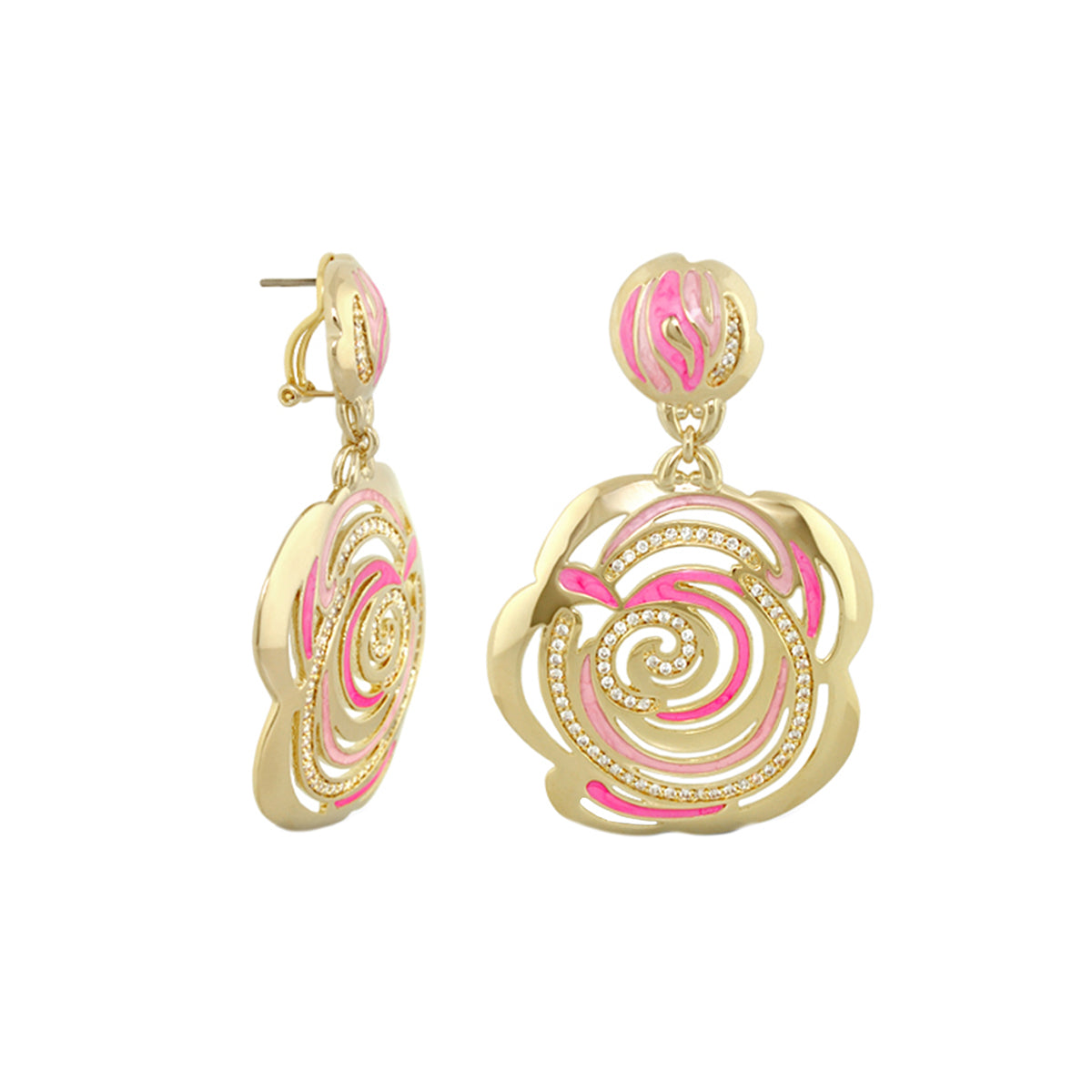 Rose Flower Earrings pair, gold-tone with pink enamel petals and crystal accents, drop style on Tampa Home & Garden Store