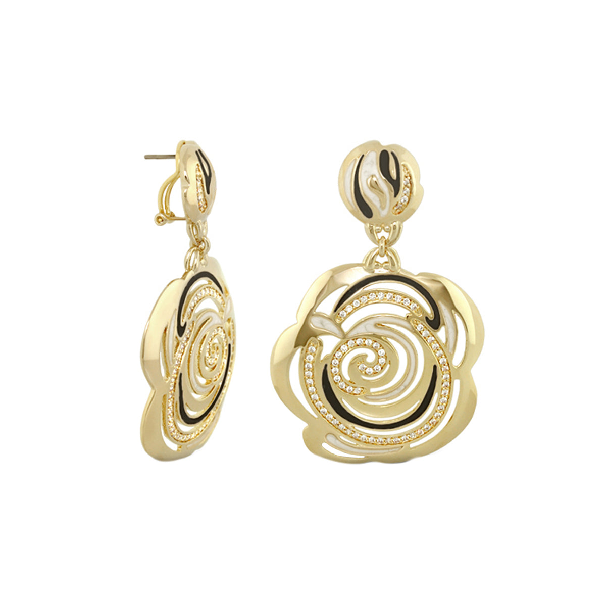 Rose Flower Earrings pair, gold-tone drop with crystal-pavé spiral motif by Lauren G Adams on Tampa Home & Garden Store