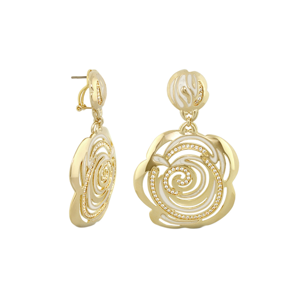 Rose Flower Earrings pair by Lauren G Adams, gold-tone drop earrings with crystal rose swirl on Tampa Home & Garden Store