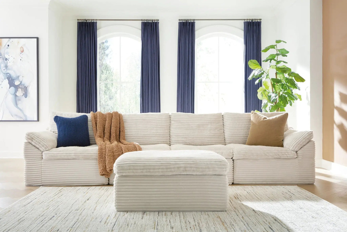 Fannin 4-piece ivory stationary sectional with ottoman, ribbed fabric by Unique Piece Furniture on Tampa Home & Garden Store