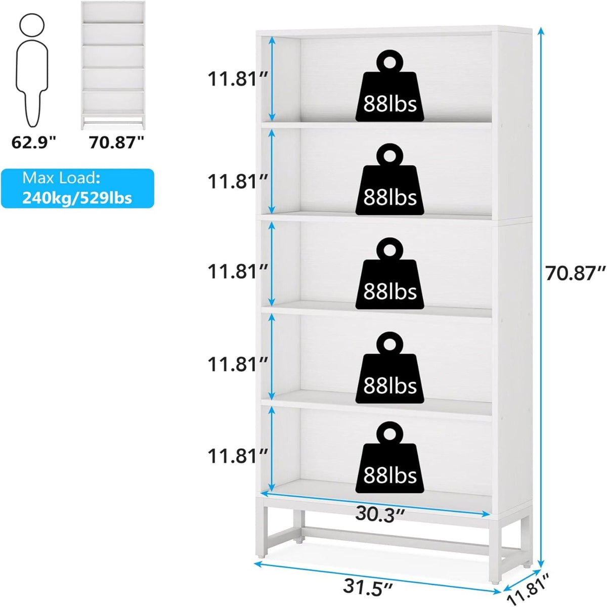 5-tier heavy duty bookshelf white powder-coated steel frame by HouseOfZazla with 88 lbs per shelf capacity on Tampa Home & Garden Store