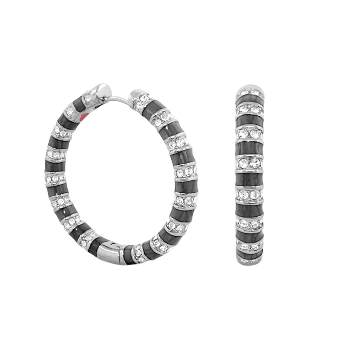 Stripe Tease Earrings, silver hoops with black enamel stripes and crystals on Tampa Home & Garden Store