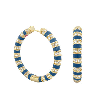 Stripe Tease Earrings blue enamel hoop with gold bands and clear crystals on Tampa Home & Garden Store