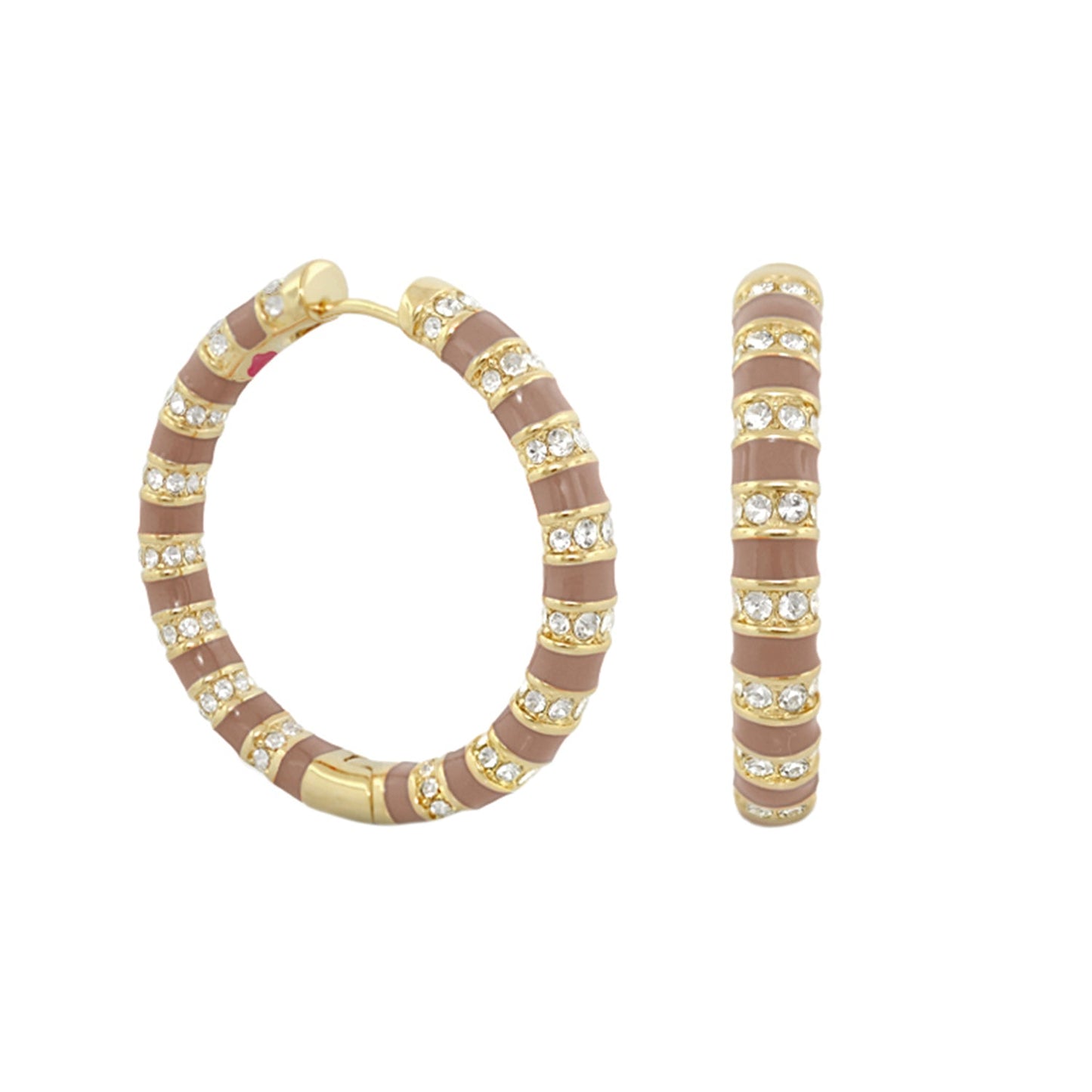 Stripe Tease Earrings by Lauren G Adams, tan enamel striped hoops with gold bands and crystal pavé on Tampa Home & Garden Store