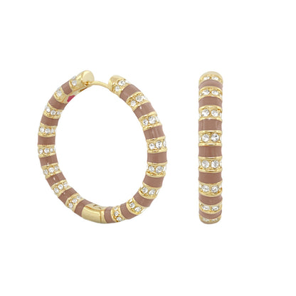 Stripe Tease Earrings by Lauren G Adams, tan enamel striped hoops with gold bands and crystal pavé on Tampa Home & Garden Store