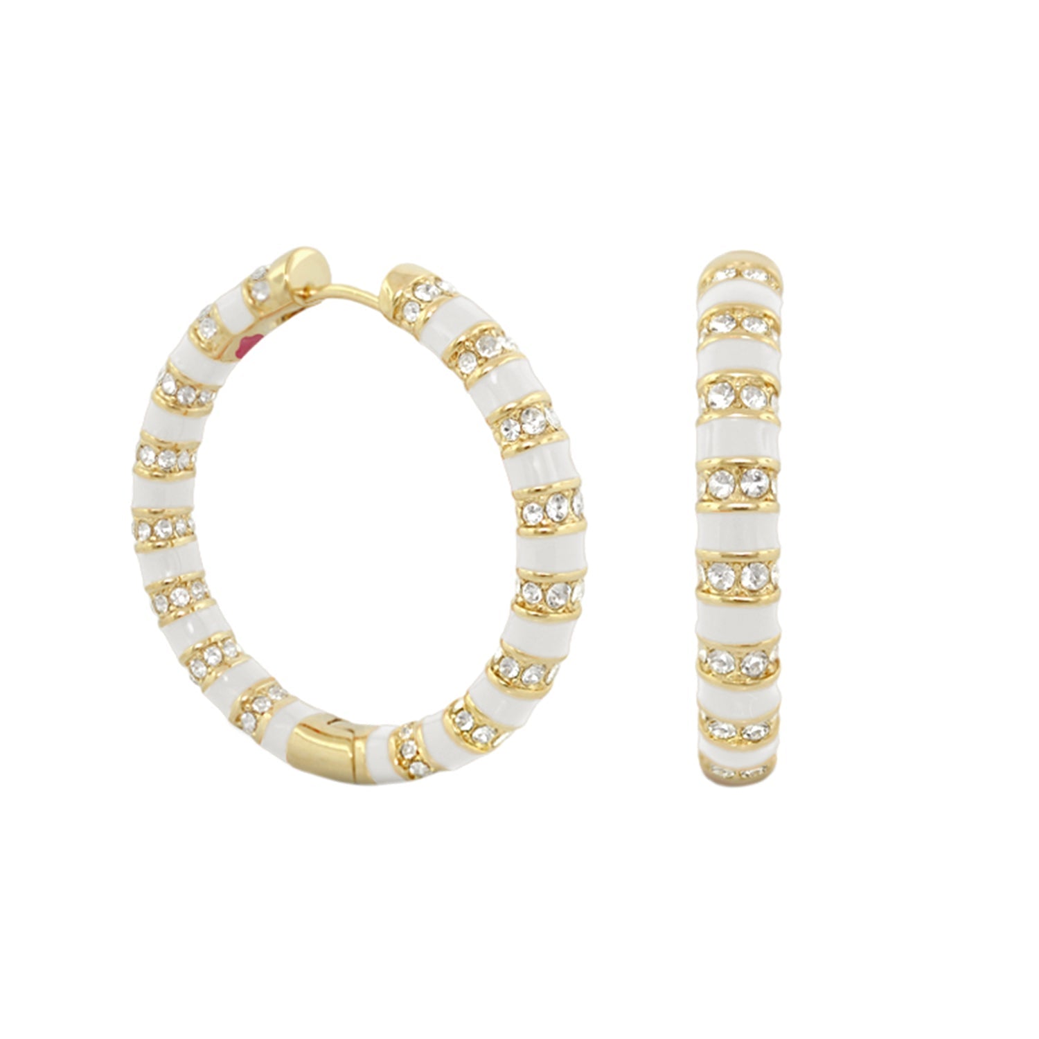 Stripe Tease Earrings by Lauren G Adams, gold-tone hoops with white enamel stripes and crystals on Tampa Home & Garden Store