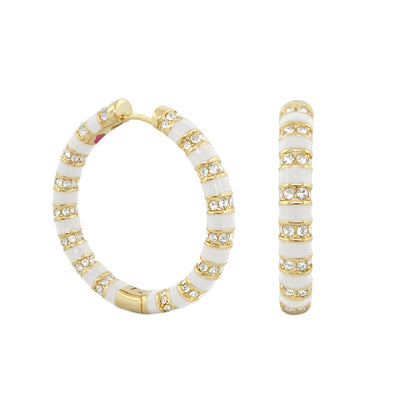 Stripe Tease Earrings by Lauren G Adams, gold-tone hoops with white enamel stripes and crystals on Tampa Home & Garden Store