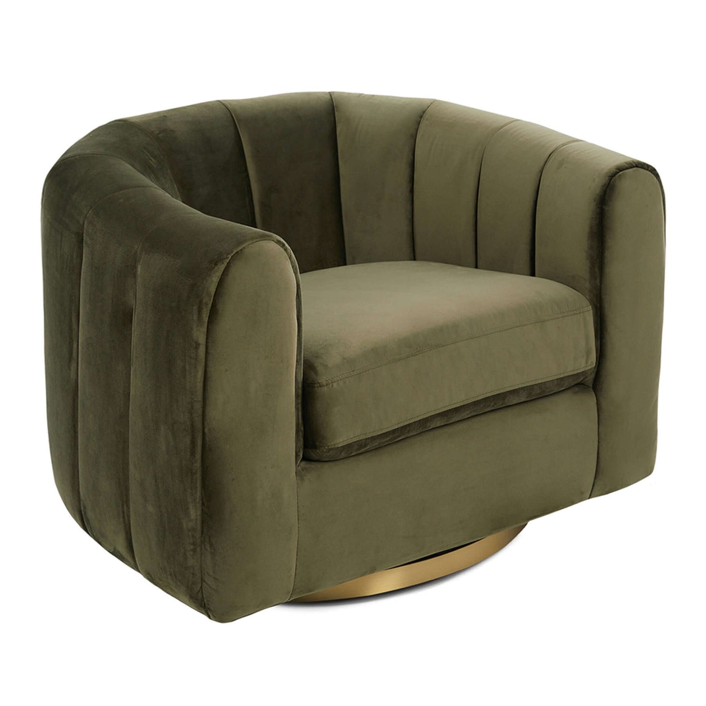 Cosey Green Velvet Swivel Chair with curved arms and brass base on Tampa Home & Garden Store
