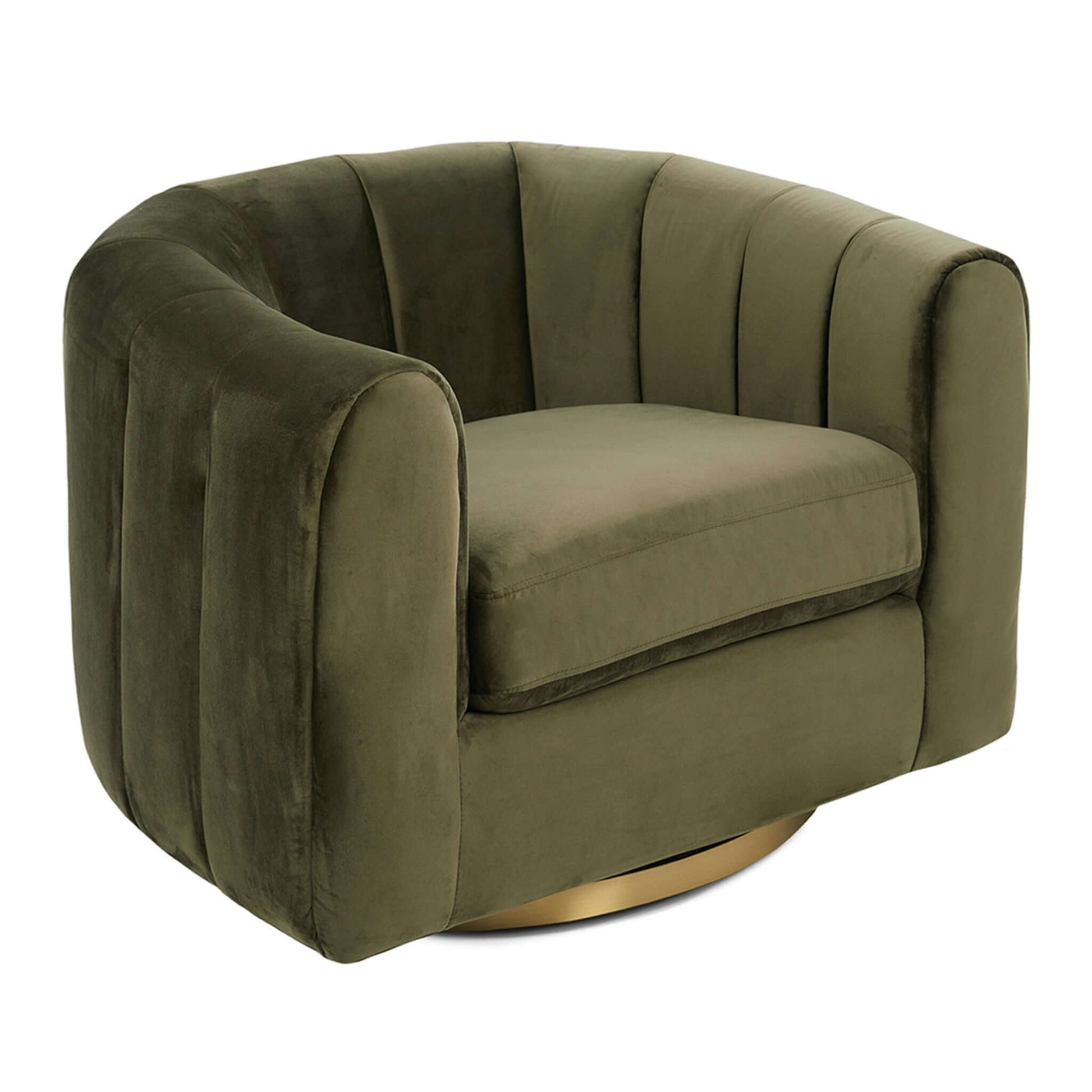Cosey Green Velvet Swivel Chair with curved arms and brass base on Tampa Home & Garden Store