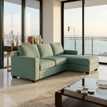 Damon Sectional Sofa teal textured fabric with low arms and wood legs in living room on Tampa Home & Garden Store