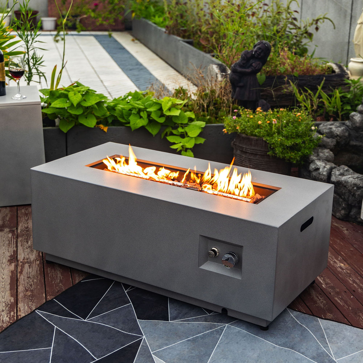 Propane gas fire pit table gray with glass wind guard for outdoor use on Tampa Home & Garden Store